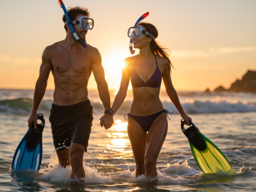 Family with children enjoying ocean activities on sunny beach, parents supervising kids with snorkeling gear, happy expressions, tropical setting